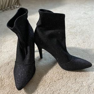 Sparkly stretch fabric stiletto booties!